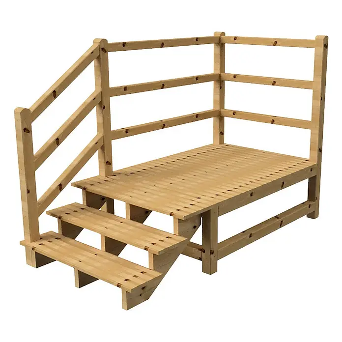 Vinuovo Außentreppe - 120 cm, Anzahl Steigungen: 3 Stk., Gerade - Kiefernholz-Terrassenpodest mit drei Stufen und L-förmigem Sicherheitsgeländer.