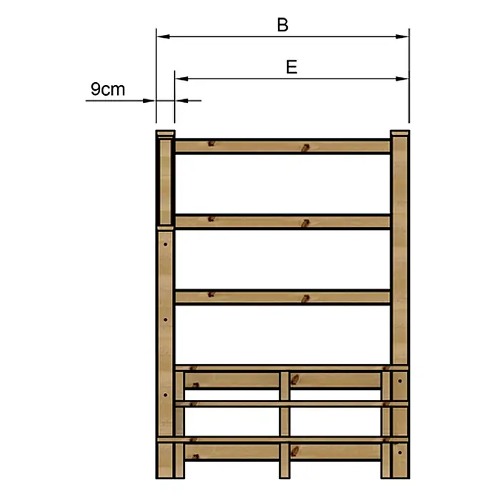 Vinuovo Außentreppe - 120 cm, Anzahl Steigungen: 3 Stk., Gerade - Technisches Diagramm eines Holzregals mit Maßen 9cm, B und E, in natürlicher Holzoptik.