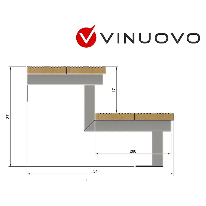 Vinuovo Außentreppe OSLO - Terrassentreppe Stahl H37cm 2 Stufen Holz KDI Breite 160cm - Anzahl Steigungen: 2 Stk., Gerade - Modulare zweistufige Treppe mit Holztrittflächen auf grauem Metallrahmen, Seitenansicht mit Maßen.