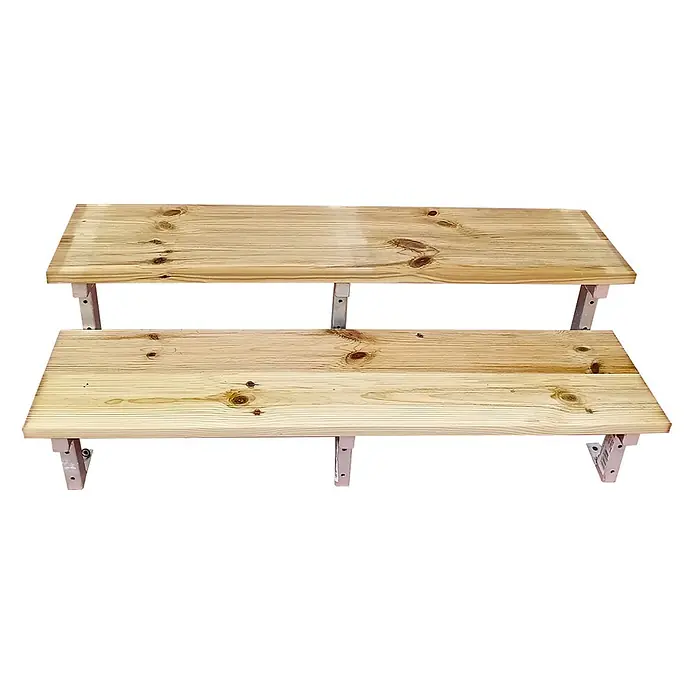 Vinuovo Außentreppe OSLO - Terrassentreppe Stahl H37cm 2 Stufen Holz KDI Breite 160cm - Anzahl Steigungen: 2 Stk., Gerade - Zweistufiges Holzregal mit Naturholzbrettern und Metallhalterungen.