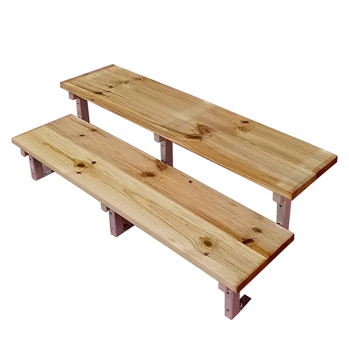 Vinuovo Außentreppe OSLO - Terrassentreppe Stahl H37cm 2 Stufen Holz KDI Breite 160cm - Anzahl Steigungen: 2 Stk., Gerade - Zwei Naturholz-Bänke oder -Stufen, eine erhöht hinter der anderen, von Metallhalterungen getragen.