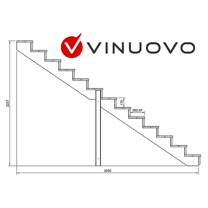 Vinuovo Holztreppe 13 Stufen 80cm mit Setzstufen -  - Technische Zeichnung einer VINUOVO Treppe mit Maßen für Höhe, Länge, Steigungen und Stufen.