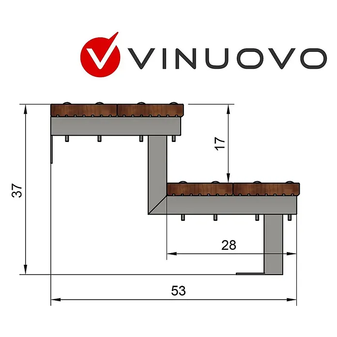 Vinuovo Außentreppe BALI Gartentreppe Stahl H37cm - 2 Bankirai Hartholz Stufen B80cm - Anzahl Steigungen: 2 Stk., Gerade - Graues Metall-Zweistufen-Treppengestell mit braunen Holzstufen, detailliert mit wichtigen Maßen.