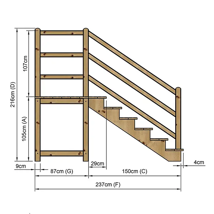 Vinuovo Außentreppe - 120 cm, Anzahl Steigungen: 6 Stk., Gerade - Hölzerne Hochplattform-Struktur mit Treppe und Sicherheitsgeländer, detaillierte Maße dargestellt.