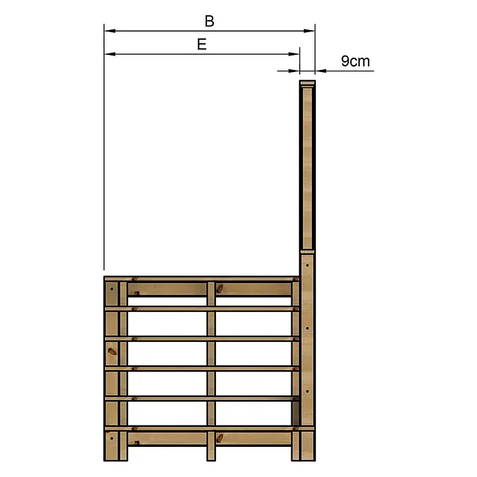 Vinuovo Außentreppe - 120 cm, Anzahl Steigungen: 6 Stk., Gerade - Seitenansicht einer hellbraunen Holzlamellenkonstruktion, wahrscheinlich ein Hochbeet oder Pflanzkasten, mit Maßen B, E und 9cm.