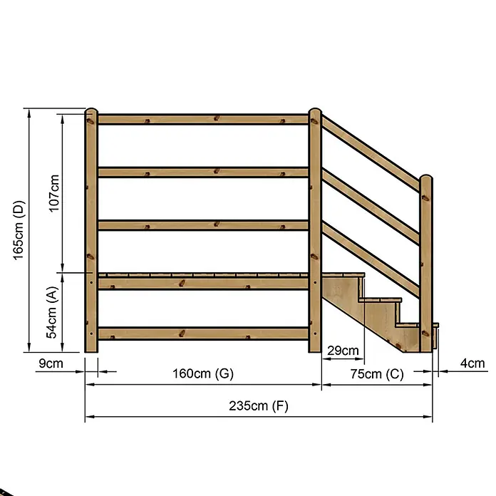Vinuovo Außentreppe - 120 cm, Anzahl Steigungen: 3 Stk., Gerade - Holzgeländer mit Treppe, detailliert mit verschiedenen Maßen für Höhe, Breite und Stufenabmessungen.