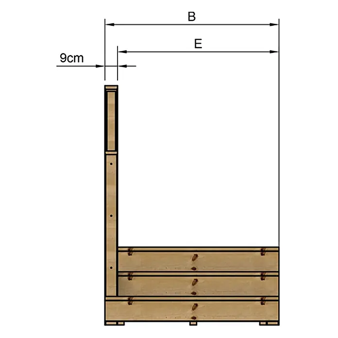Vinuovo Außentreppe - 120 cm, Anzahl Steigungen: 3 Stk., Gerade - Holzbepflanzer mit hoher Rückwand, detailliert in einer technischen Zeichnung mit Maßen.