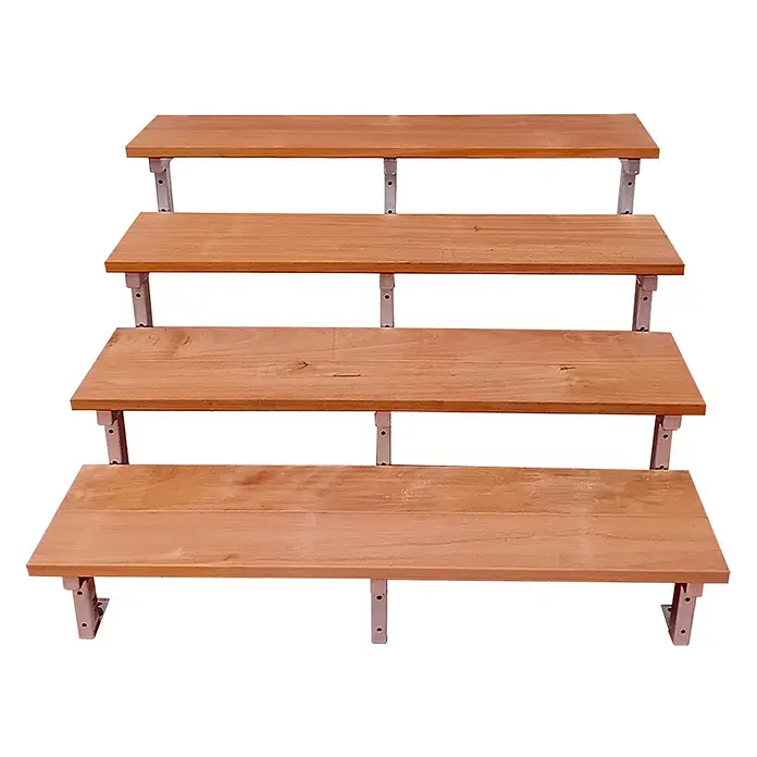 Vinuovo Außentreppe BALI Gartentreppe Stahl H71cm - 4 Bankirai Hartholz Stufen B140cm - 140 cm, Anzahl Steigungen: 4 Stk., Gerade - Vierteiliges Präsentationsregal mit hellbraunen Holzablagen und hellgrauen Metallhalterungen.