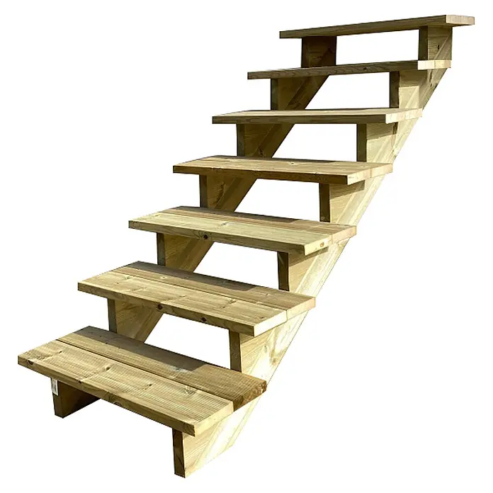 Vinuovo Außentreppe BERLIN Holztreppe - 7 Offene Stufen 122cm Höhe - 80cm Breite - Anzahl Steigungen: 7 Stk., Gerade - Freistehende Holztreppe mit 7 Stufen aus hellem, behandeltem Holz.
