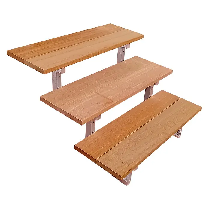 Vinuovo Außentreppe BALI Gartentreppe Stahl H54cm - 3 Bankirai Hartholz Stufen B80cm - Anzahl Steigungen: 3 Stk., Gerade - Dreistufiges Holzregal mit silbernen Metallhalterungen.
