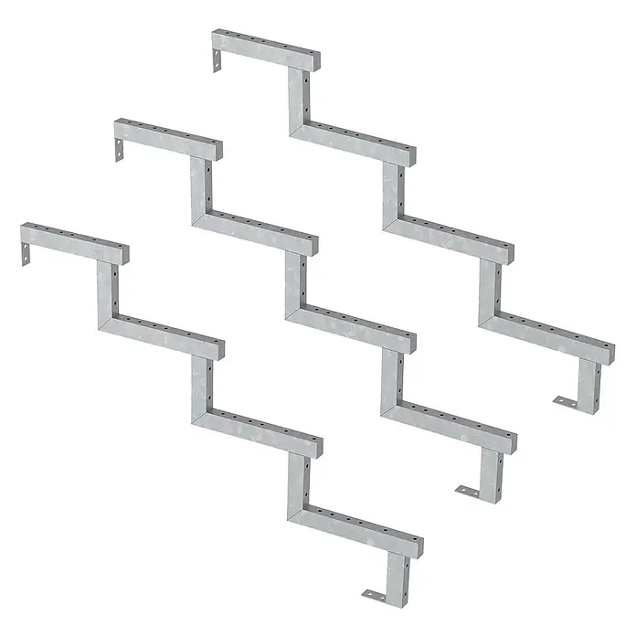 Vinuovo Außentreppe 3er Set Stahl Treppenwange 4 Stufen - Option für Setzstufen-Höhe 68cm - 5 cm, Anzahl Steigungen: 4 Stk., Gerade - Drei verzinkte Stahltreppenwangen mit Bohrlöchern, bilden eine Zickzack-Stufenstruktur.