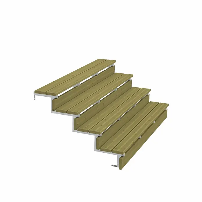 Vinuovo Außentreppe 2er Set Stahl Treppenwange 4 Stufen - Option für Setzstufen-Höhe 68cm - 5 cm, Anzahl Steigungen: 4 Stk., Gerade - Modulare Außentreppe mit hellgrünen Holzstufen und silbernen Metallstützen.