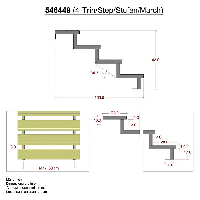 Vinuovo Außentreppe 2er Set Stahl Treppenwange 4 Stufen - Option für Setzstufen-Höhe 68cm - 5 cm, Anzahl Steigungen: 4 Stk., Gerade - Technische Zeichnung einer grauen modularen 4-Stufen-Treppe mit hellen Holzlatten, Seiten- und Draufsicht mit Maßen.