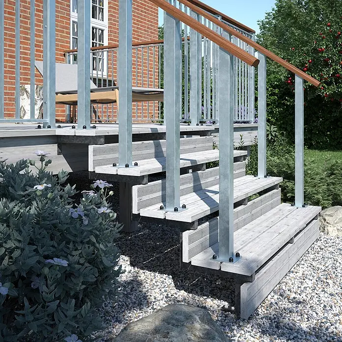 Vinuovo Außentreppe 2er Set Stahl Treppenwange 4 Stufen - Option für Setzstufen-Höhe 68cm - 5 cm, Anzahl Steigungen: 4 Stk., Gerade - Verzinktes Metallgeländer mit Holzhandläufen auf Außentreppe zu einer Terrasse. Bietet sicheren Zugang.