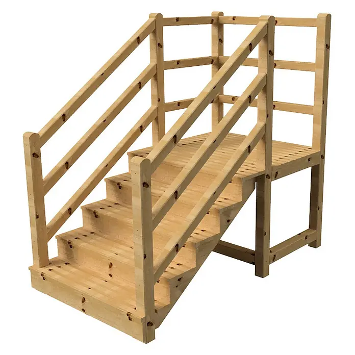 Vinuovo Außentreppe - 120 cm, Anzahl Steigungen: 5 Stk., Gerade - Helle Holztreppe mit mehreren Stufen, integriertem Geländer und kleiner Plattform.