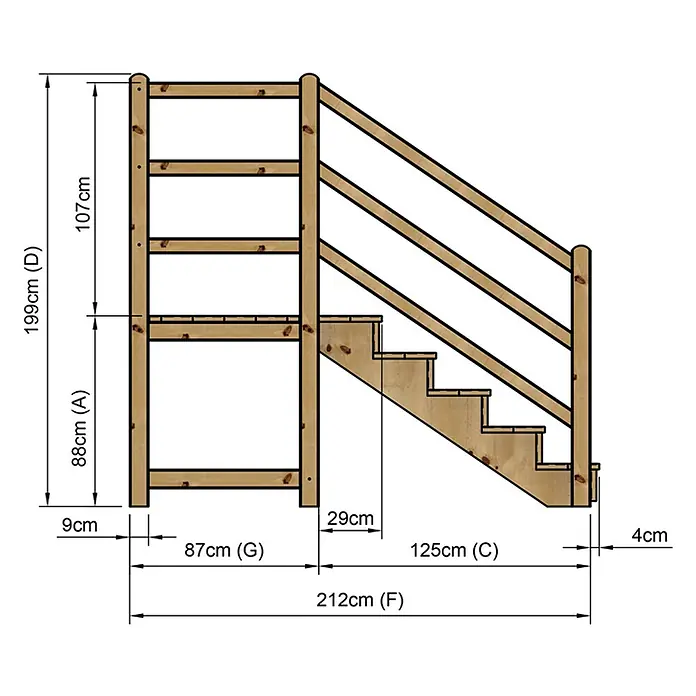 Vinuovo Außentreppe - 120 cm, Anzahl Steigungen: 5 Stk., Gerade - Helle Holzkomponente für Hochbett oder Spielgerüst mit Leiter und Treppe mit Geländer.