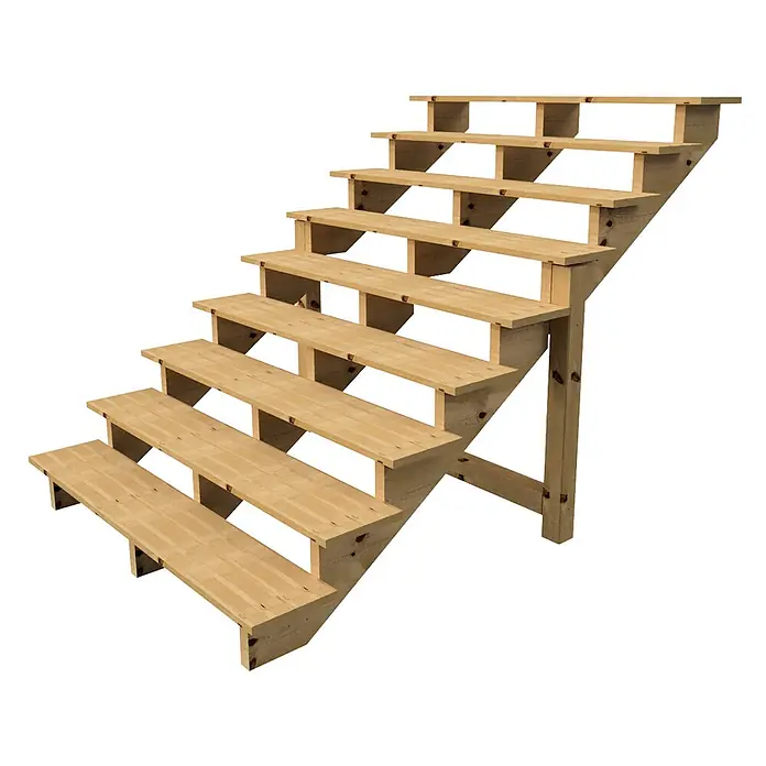 Vinuovo Außentreppe BERLIN Holztreppe - 9 Offene Stufen 156cm Höhe - 160cm Breite - Anzahl Steigungen: 9 Stk., Gerade - Modulare Holztreppe aus hellem Holz mit sieben breiten Stufen für den Außenbereich.