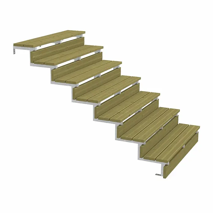 Vinuovo Außentreppe 3er Set Stahl Treppenwange 7 Stufen - Option für Setzstufen-Höhe 119cm - 5 cm, Anzahl Steigungen: 7 Stk., Gerade - Außentreppe mit grünbraunen Holzstufen auf Metallgestell.