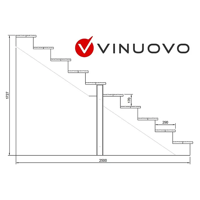 Vinuovo Außentreppe BERLIN Holztreppe - 10 Offene Stufen 173cm Höhe - 80cm Breite - Anzahl Steigungen: 10 Stk., Gerade - Technische Zeichnung einer geraden Treppe mit Maßen: Höhe 1727mm, Länge 2500mm, Steigung 170mm, Auftritt 290mm.