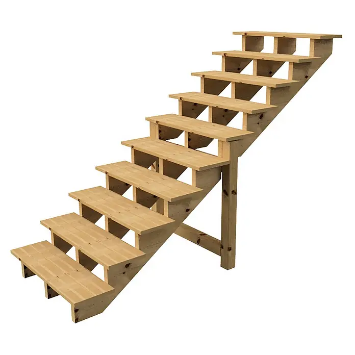 Vinuovo Außentreppe BERLIN Holztreppe - 10 Offene Stufen 173cm Höhe - 100cm Breite - Anzahl Steigungen: 10 Stk., Gerade - Treppe aus hellem Naturholz mit Zwischenstütze, geeignet für den Außen- oder Baubereich.