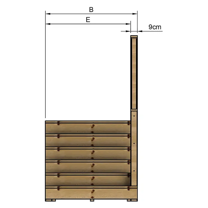 Vinuovo Außentreppe - 120 cm, Anzahl Steigungen: 6 Stk., Gerade - Seitenansicht eines natürlichen Holz-Hochbeets mit Lattenstruktur und integrierter Rückwand, zeigt Maße B, E und 9cm Versatz.