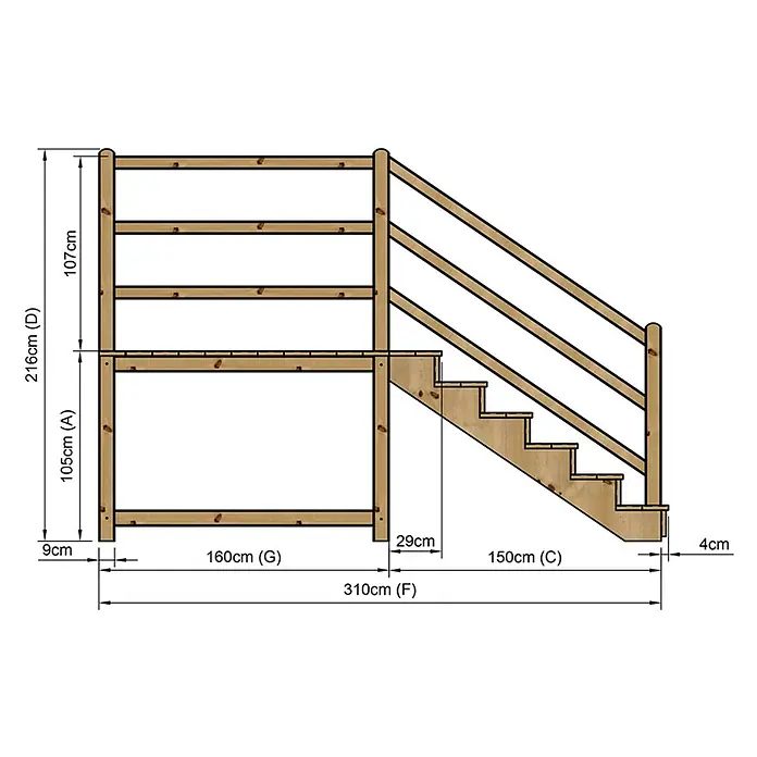 Vinuovo Außentreppe - 120 cm, Anzahl Steigungen: 6 Stk., Gerade - Holz-Etagenbett mit integrierter Treppe, zeigt verschiedene Maße.