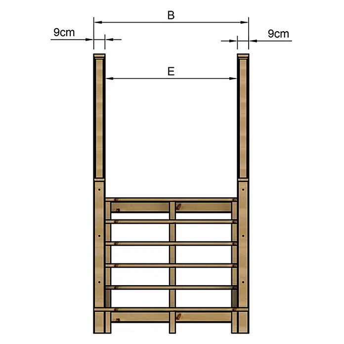 Vinuovo Außentreppe - 120 cm, Anzahl Steigungen: 6 Stk., Gerade - Hellbraunes Holzzaun-/Torelement mit Pfosten und Latten, zeigt Breitenmaße B, E, 9cm.