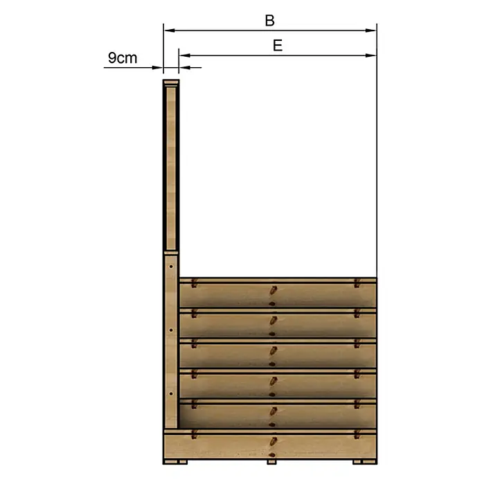 Vinuovo Außentreppe - 120 cm, Anzahl Steigungen: 6 Stk., Gerade - Seitenansicht eines hölzernen Hochbeets oder Pflanzkastens mit horizontalen Holzlamellen und vertikaler Stütze, Maße B, E, 9cm angezeigt.