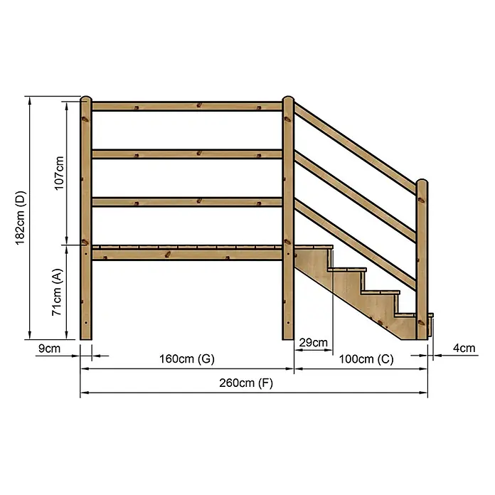 Vinuovo Außentreppe - 120 cm, Anzahl Steigungen: 4 Stk., Gerade - Hölzernes Terrassengeländer mit integrierter Treppe und Maßangaben.