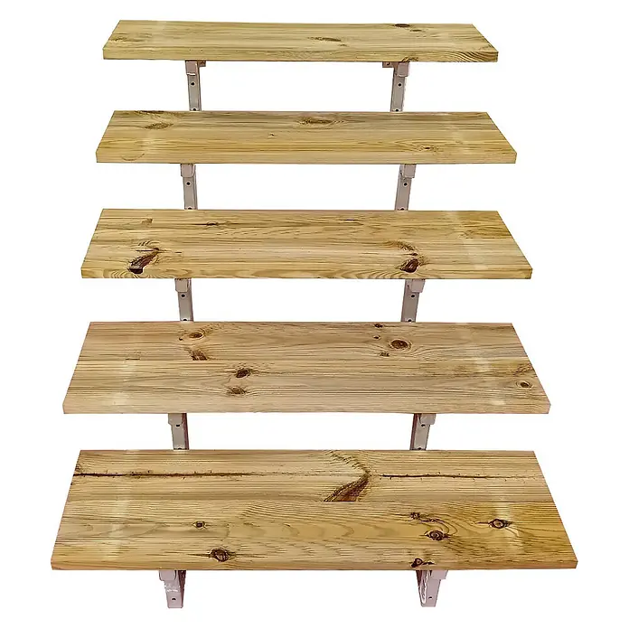 Vinuovo Außentreppe OSLO - Außentreppe Stahl 5 Stufen Holz KDI Breite 100cm - Anzahl Steigungen: 5 Stk., Gerade - Fünfstufiges Holz-Display-Regal mit natürlicher Holzmaserung und Metallstützen.