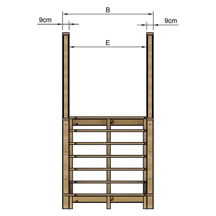 Vinuovo Außentreppe - 120 cm, Anzahl Steigungen: 7 Stk., Gerade - Helle Holzkonstruktion mit Lattenrost und vertikalen Pfosten, Maße B, E und 9cm angegeben.