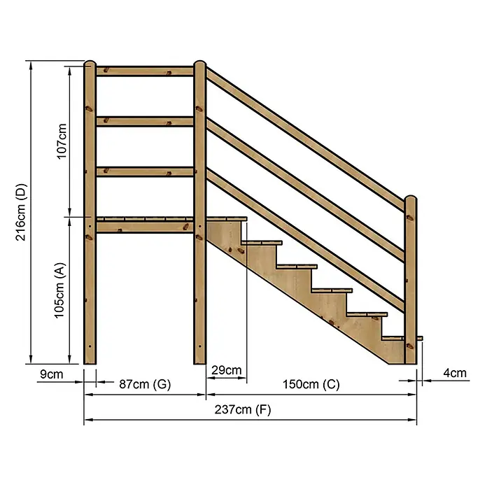 Vinuovo Außentreppe - 120 cm, Anzahl Steigungen: 6 Stk., Gerade - Dimensionierte Holz-Außentreppe mit Podest und Geländer.