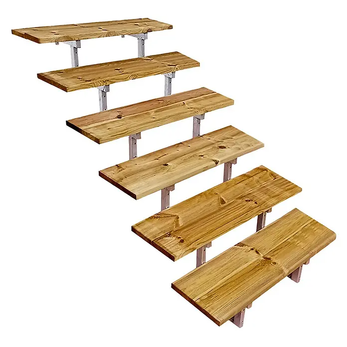 Vinuovo Außentreppe OSLO - Stahltreppe Außen H105cm 6 Treppenstufen Holz KDI Breite 100cm - Anzahl Steigungen: 6 Stk., Gerade - Sechs hellbraune Holzregalbretter mit sichtbarer Maserung und Ästen, diagonal auf Metallhalterungen.