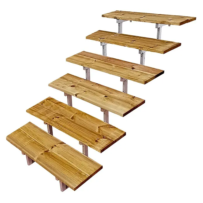 Vinuovo Außentreppe OSLO - Stahltreppe Außen H105cm 6 Treppenstufen Holz KDI Breite 100cm - Anzahl Steigungen: 6 Stk., Gerade - Gestufte helle Holzregale auf Metallkonsolen.