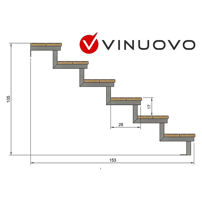 Vinuovo Außentreppe OSLO - Stahltreppe Außen H105cm 6 Treppenstufen Holz KDI Breite 140cm - Anzahl Steigungen: 6 Stk., Gerade - Seitenansicht einer 5-Stufen-Modultreppe mit Holzstufen, grauem Gestell. Maße: 105 Höhe, 153 Länge, 17 Steigung, 28 Tritt.