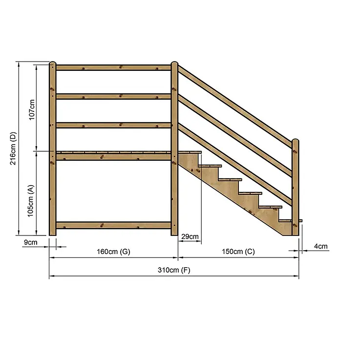 Vinuovo Außentreppe - 120 cm, Anzahl Steigungen: 6 Stk., Gerade - Etagenbett aus Naturholz mit integrierter Treppe und Sicherheitsgeländer, platzsparend gestaltet.