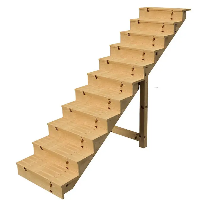 Vinuovo Außentreppe BERLIN Holztreppe - 11 Geschlossene Stufen 190cm Höhe - 80cm Breite - Anzahl Steigungen: 11 Stk., Gerade - Modulare Treppe aus hellem Holz mit sichtbaren Ästen, von einem Pfosten gestützt.