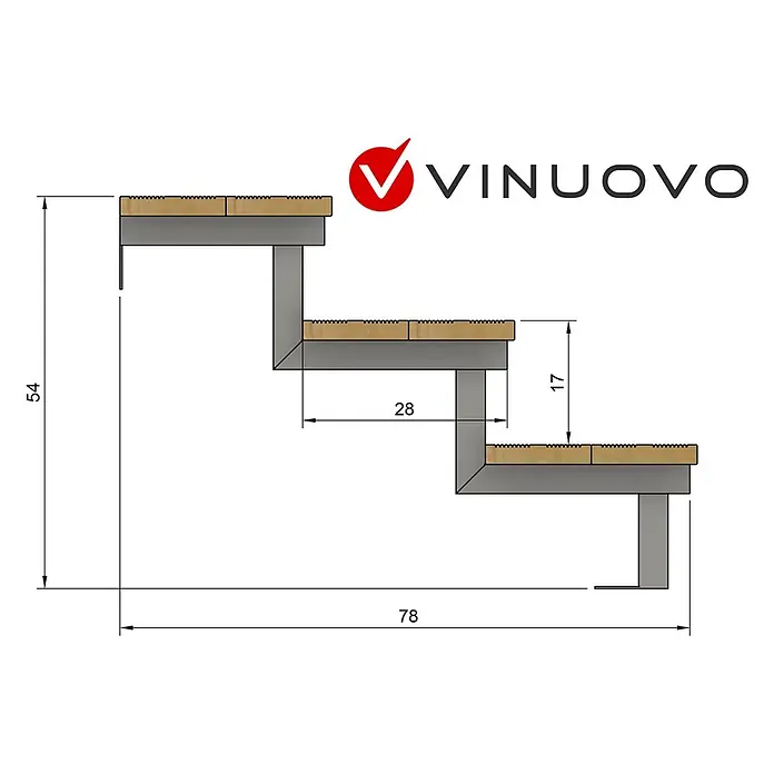 Vinuovo Außentreppe OSLO - Gartentreppe Stahl H54cm 3 Stufen Holz KDI Breite 160cm - Anzahl Steigungen: 3 Stk., Gerade - Zweistufige Treppe mit grauem Metallrahmen und hellbraunen Trittflächen, Maße inklusive.