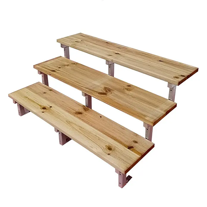 Vinuovo Außentreppe OSLO - Gartentreppe Stahl H54cm 3 Stufen Holz KDI Breite 160cm - Anzahl Steigungen: 3 Stk., Gerade - Dreistufiges Naturholz-Präsentationsregal mit hellgrauen Metallstützen.