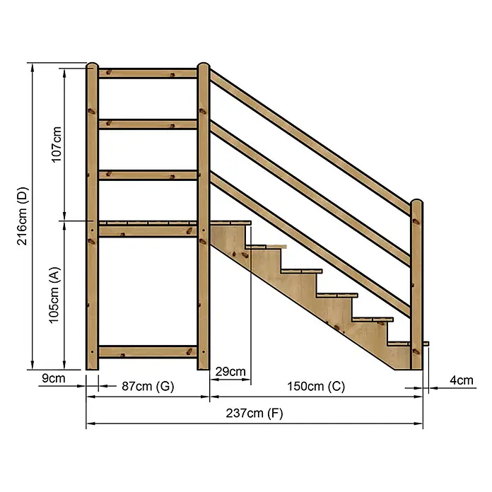 Vinuovo Außentreppe - 120 cm, Anzahl Steigungen: 6 Stk., Gerade - Holztreppe mit Geländer und detaillierten Maßen zur Montage. Helles Holz.
