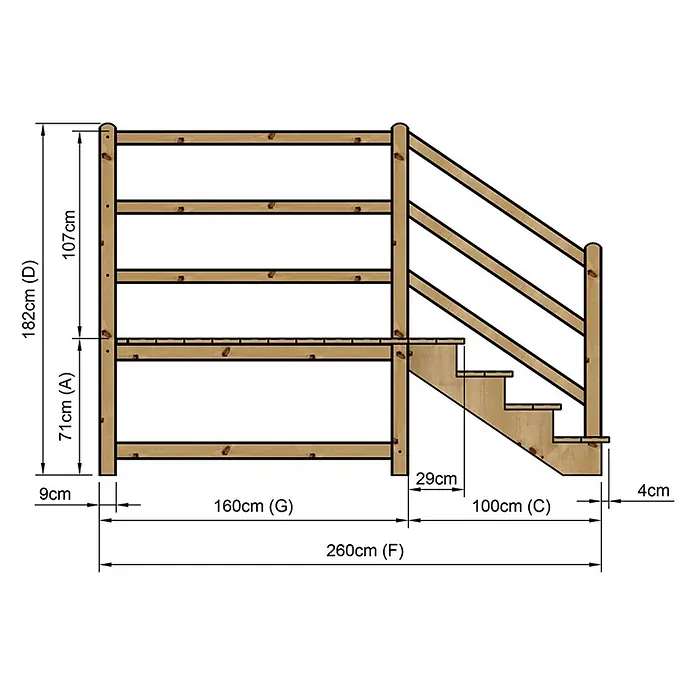 Vinuovo Außentreppe - 120 cm, Anzahl Steigungen: 4 Stk., Gerade - Holzgeländer und Treppe mit detaillierten Maßen.