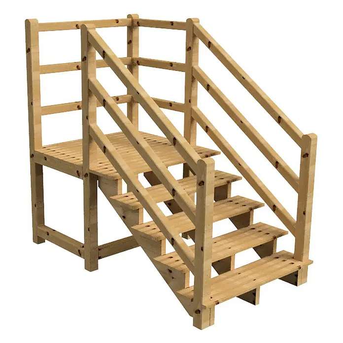 Vinuovo Außentreppe - 120 cm, Anzahl Steigungen: 5 Stk., Gerade - Helle Holztreppe mit Podest und Sicherheitsgeländer.