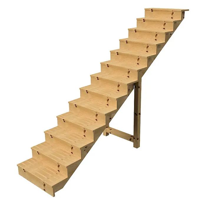 Vinuovo Holztreppe 13 Stufen 80cm mit Setzstufen -  - Helle Holztreppe aus Naturholz mit sichtbaren Ästen, gestützt durch einen Mittelpfosten.