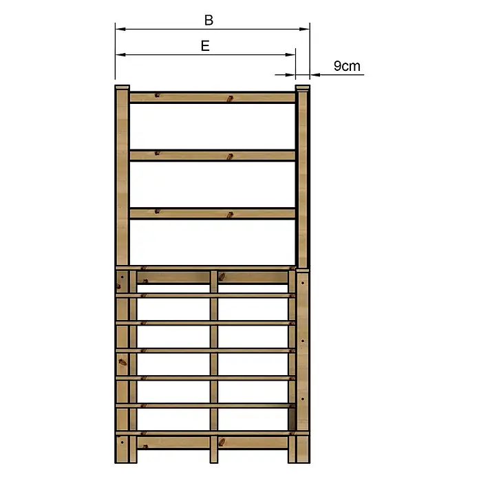 Vinuovo Außentreppe - 120 cm, Anzahl Steigungen: 7 Stk., Gerade - Zeichnung eines hellbraunen Holzspaliers mit Querlatten, inklusive Maßen B, E und 9cm.