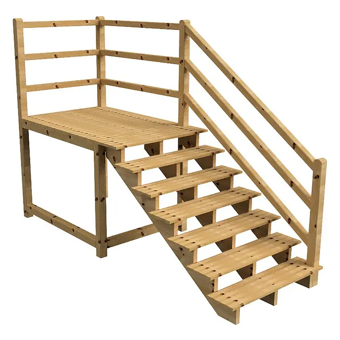 Vinuovo Außentreppe - 120 cm, Anzahl Steigungen: 7 Stk., Gerade - Helle Holzterrasse mit angebauter Treppe und Sicherheitsgeländer.