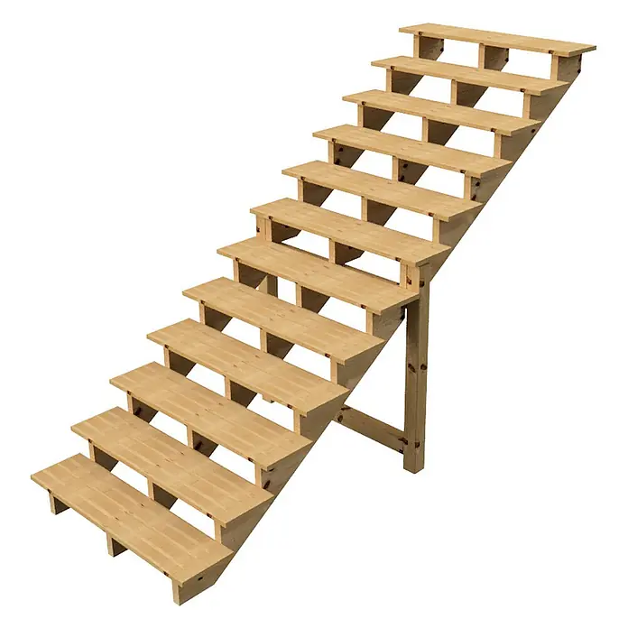 Vinuovo Außentreppe BERLIN Holz-Außentreppe - 12 Offene Stufen 207 cm Höhe - 120 cm Breite - 120 cm, Anzahl Steigungen: 2 Stk., Gerade - Helle Holztreppe mit zehn Stufen und schräger Stützkonstruktion.