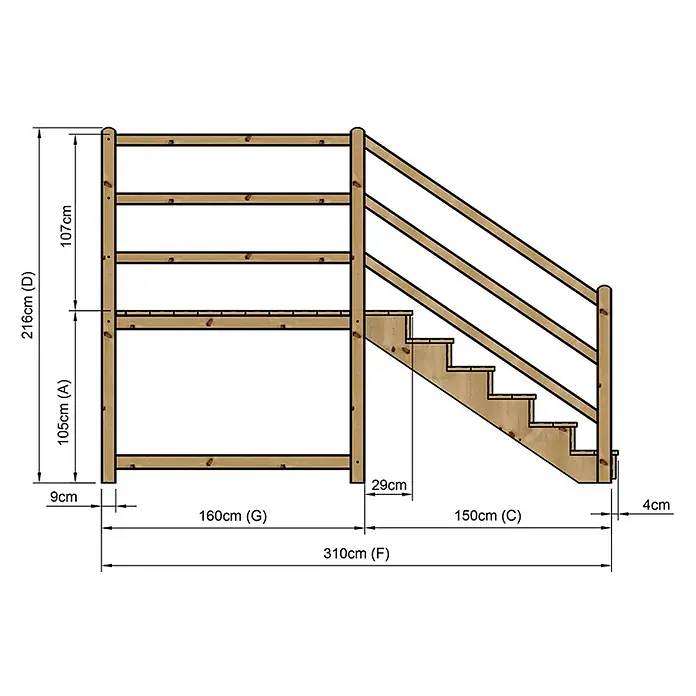 Vinuovo Außentreppe - 120 cm, Anzahl Steigungen: 6 Stk., Gerade - Holz-Hochbettrahmen mit integrierter Treppe, technische Zeichnung mit Maßen.