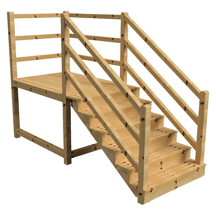 Vinuovo Außentreppe - 120 cm, Anzahl Steigungen: 6 Stk., Gerade - Erhöhte Holzplattform mit Treppe und Geländer, aus hellem Kiefernholz mit sichtbaren Ästen.