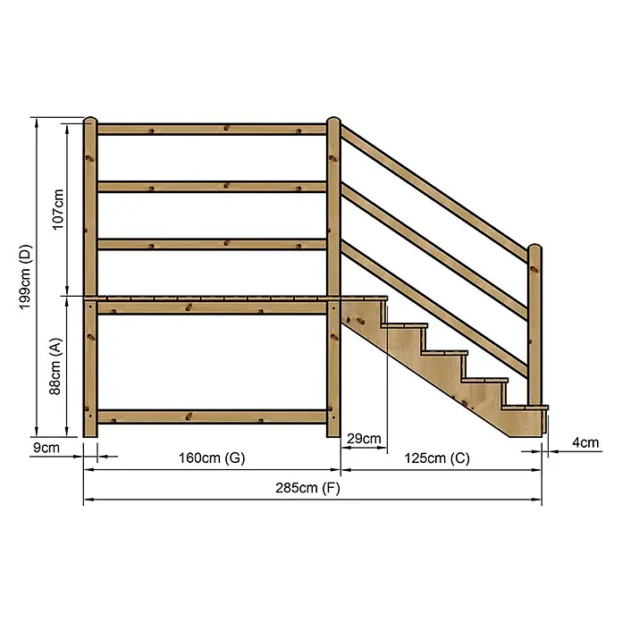 Vinuovo Außentreppe - 120 cm, Anzahl Steigungen: 5 Stk., Gerade - Hölzernes Etagenbettgestell mit integrierter Treppe, detaillierte Maße und Konstruktion.