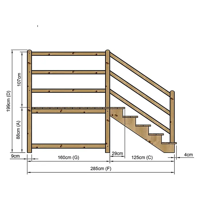 Vinuovo Außentreppe - 120 cm, Anzahl Steigungen: 5 Stk., Gerade - Schema einer Holzhochbett-Konstruktion mit integrierter Treppe und Maßen.